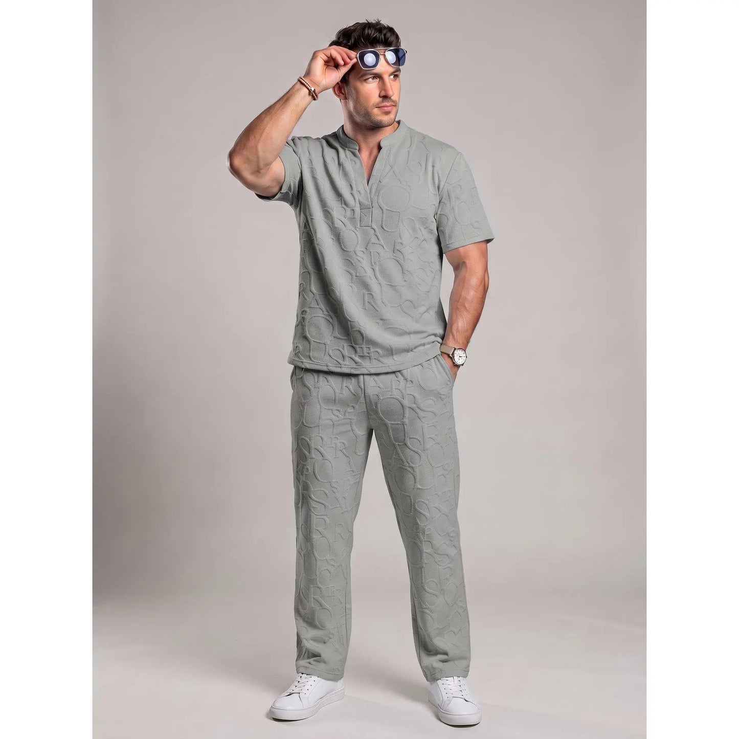 Men's 2-Piece Casual Outfits - Textured Tee & Drawstring Ankle Pants