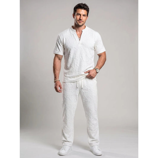 Men's 2-Piece Casual Outfits - Textured Tee & Drawstring Ankle Pants