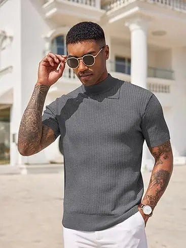 Men's Short Sleeve Mock Turtleneck Sweater Fitted Basic Casual Top