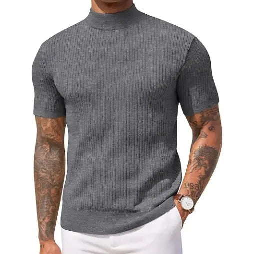 Men's Short Sleeve Mock Turtleneck Sweater Fitted Basic Casual Top