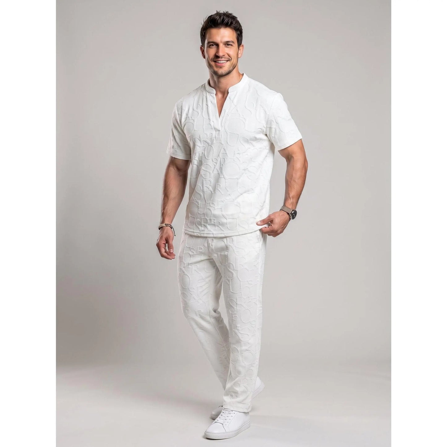 Men's 2-Piece Casual Outfits - Textured Tee & Drawstring Ankle Pants