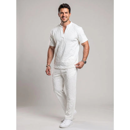 Men's 2-Piece Casual Outfits - Textured Tee & Drawstring Ankle Pants