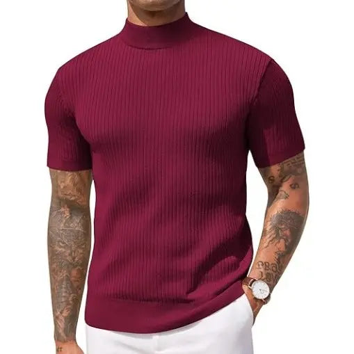 Men's Short Sleeve Mock Turtleneck Sweater Fitted Basic Casual Top