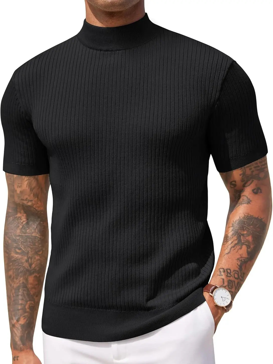 Men's Short Sleeve Mock Turtleneck Sweater Fitted Basic Casual Top