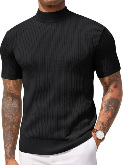 Men's Short Sleeve Mock Turtleneck Sweater Fitted Basic Casual Top