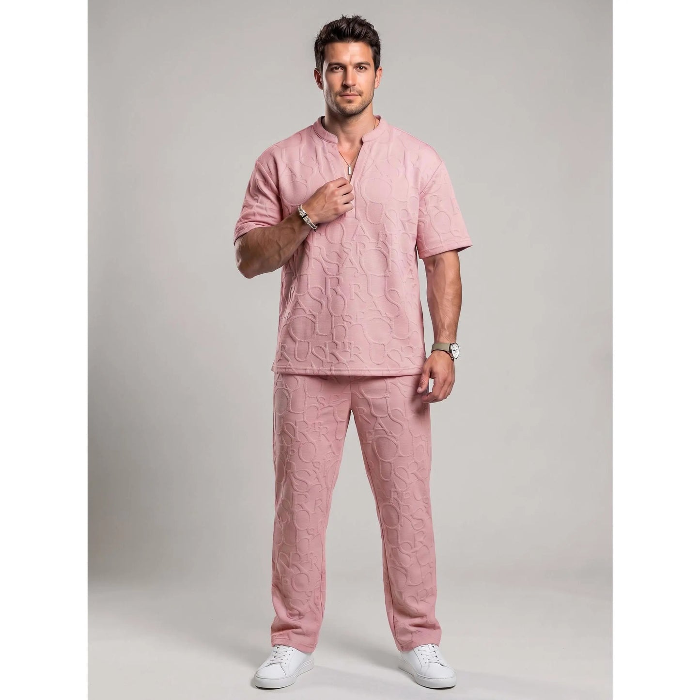 Men's 2-Piece Casual Outfits - Textured Tee & Drawstring Ankle Pants