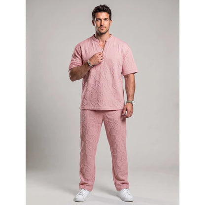 Men's 2-Piece Casual Outfits - Textured Tee & Drawstring Ankle Pants