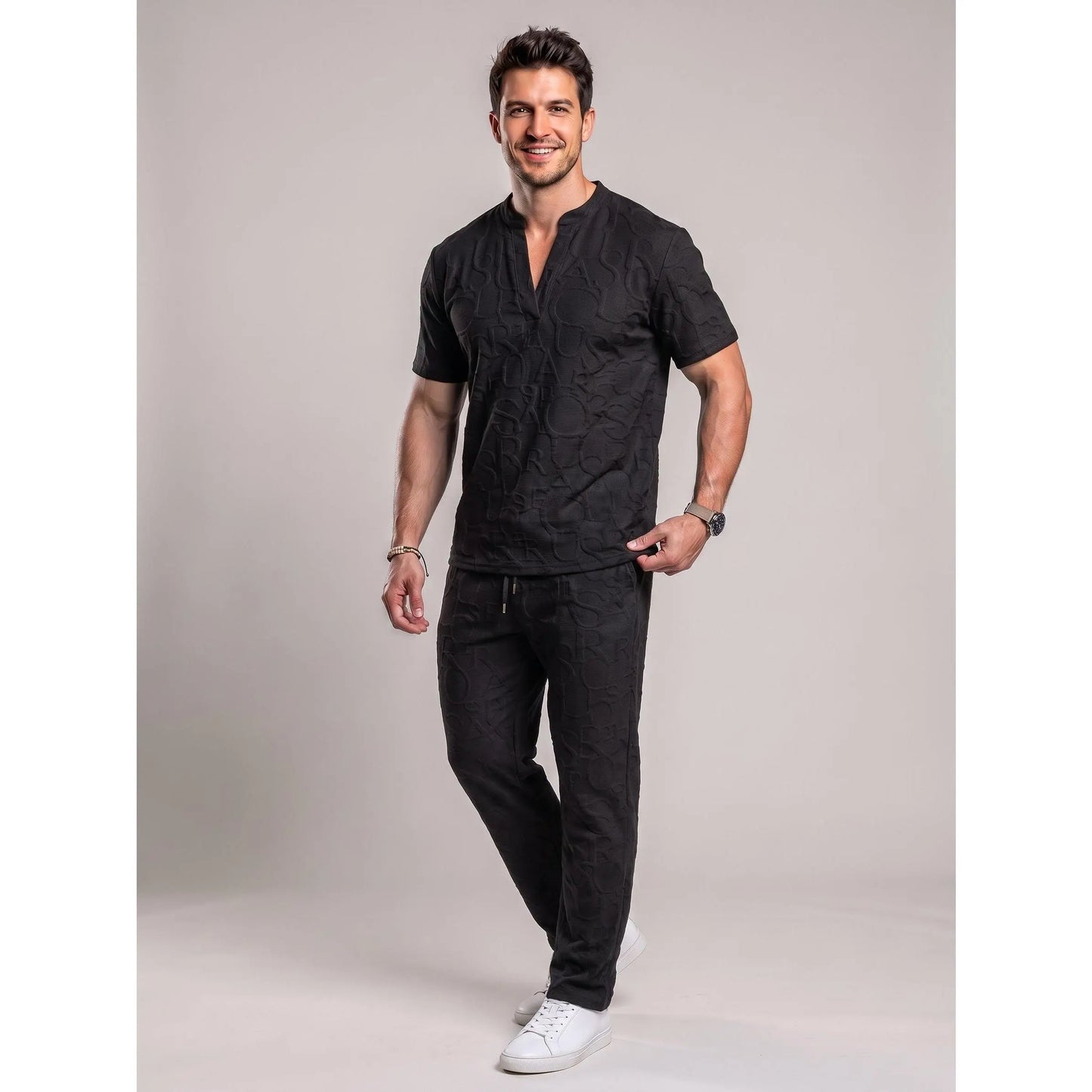 Men's 2-Piece Casual Outfits - Textured Tee & Drawstring Ankle Pants