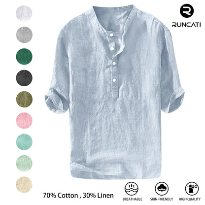 Runcati Men's Linen Shirt - Casual Cotton 3/4 Sleeve