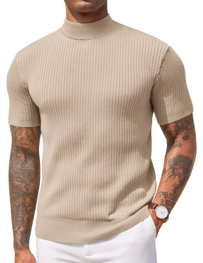 Men's Short Sleeve Mock Turtleneck Sweater Fitted Basic Casual Top