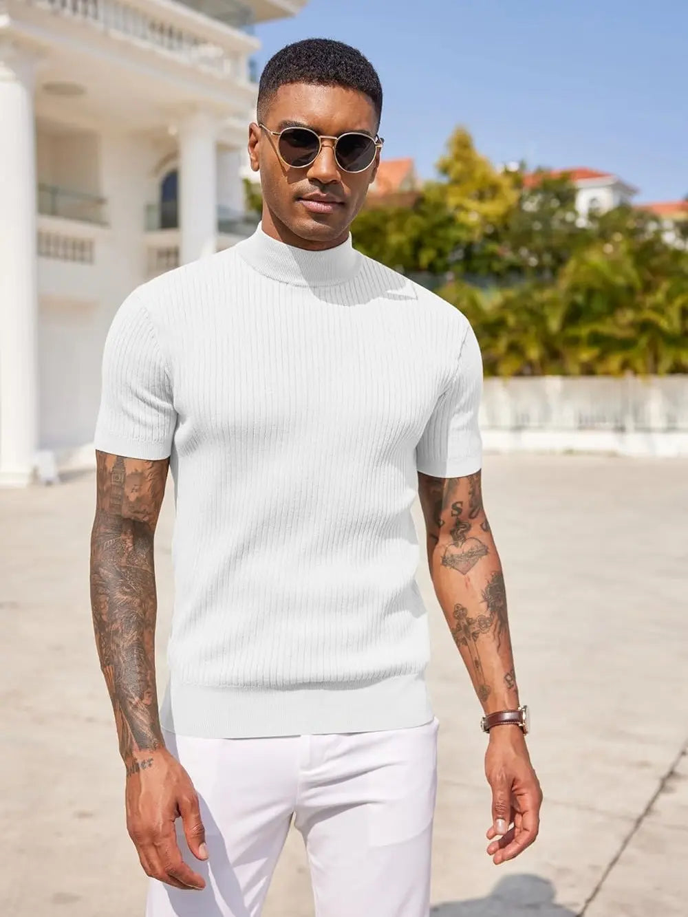 Men's Short Sleeve Mock Turtleneck Sweater Fitted Basic Casual Top