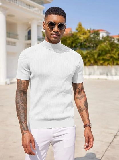 Men's Short Sleeve Mock Turtleneck Sweater Fitted Basic Casual Top