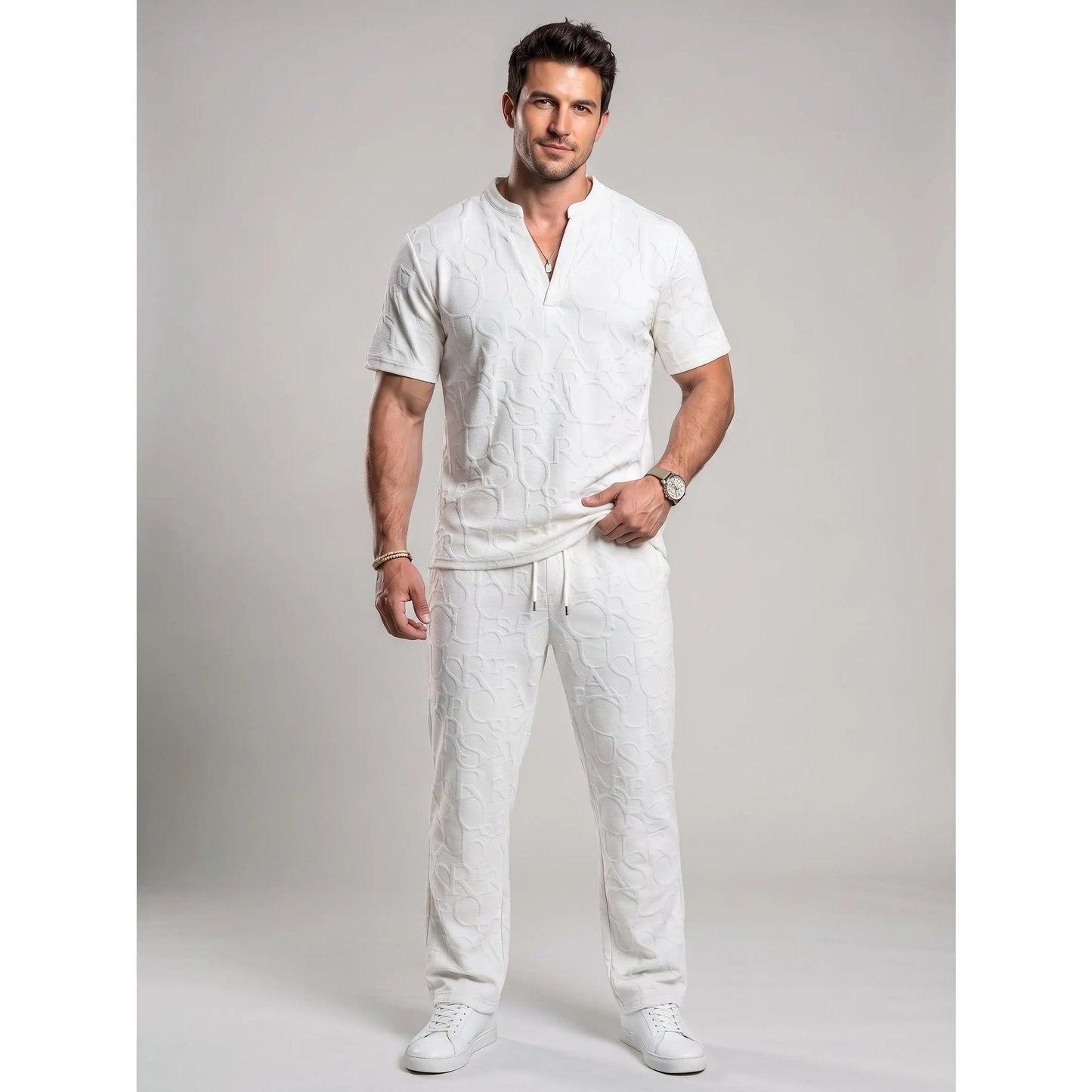 Men's 2-Piece Casual Outfits - Textured Tee & Drawstring Ankle Pants