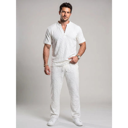 Men's 2-Piece Casual Outfits - Textured Tee & Drawstring Ankle Pants