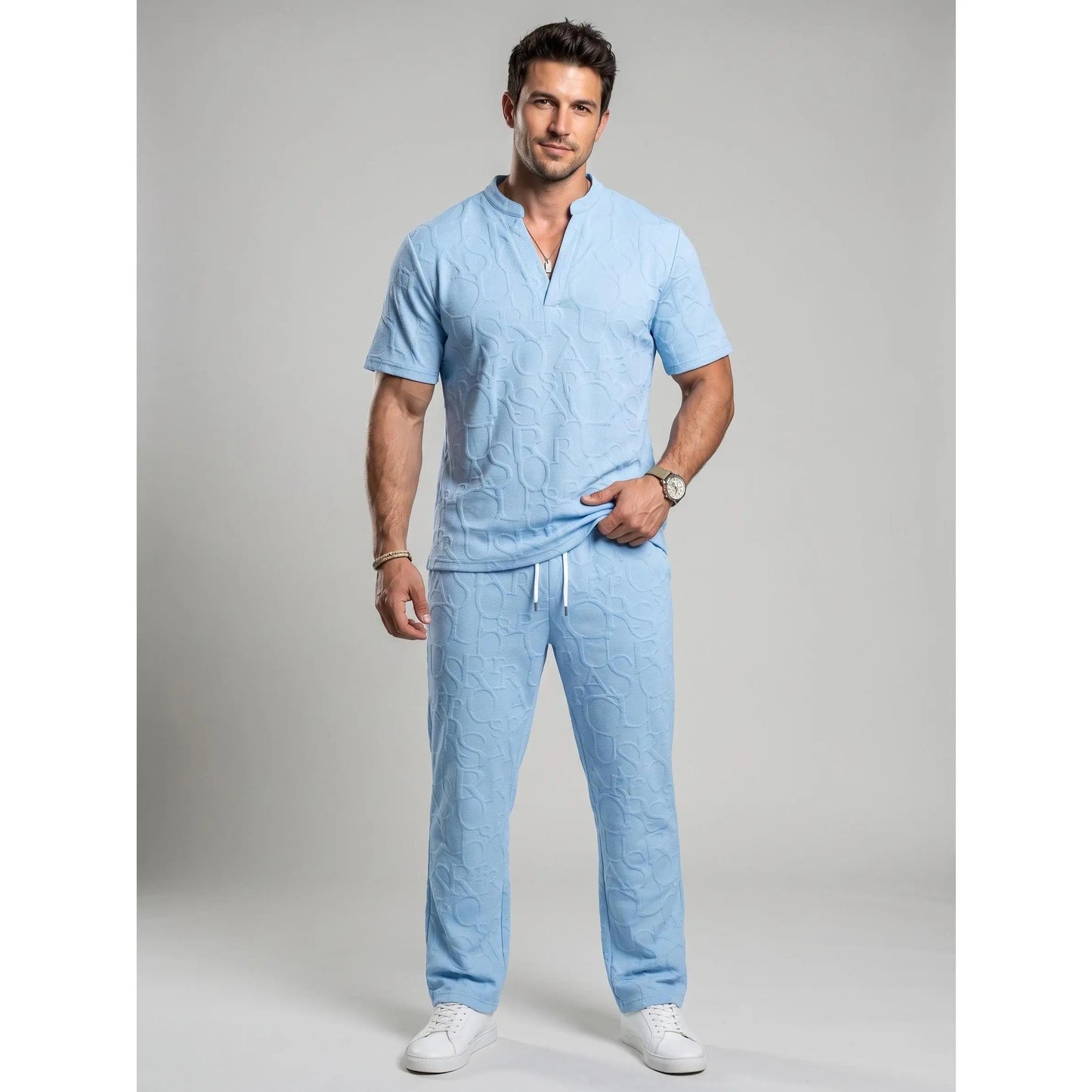 Men's 2-Piece Casual Outfits - Textured Tee & Drawstring Ankle Pants